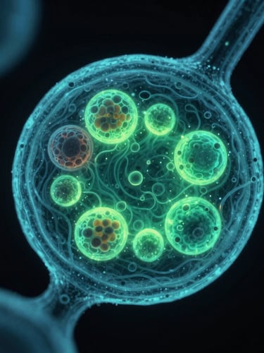 Extreme macro microscopic view of cell division, glowing bioluminescent green and teal highlights, high-contrast dark laboratory setting, 35mm