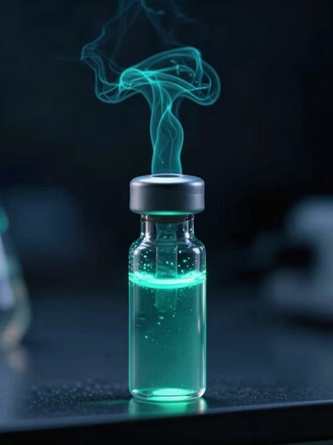 Macro photograph of cryo-preservation vial in deep obsidian laboratory, bioluminescent teal vapor rising, high contrast, sharp focus, 35mm