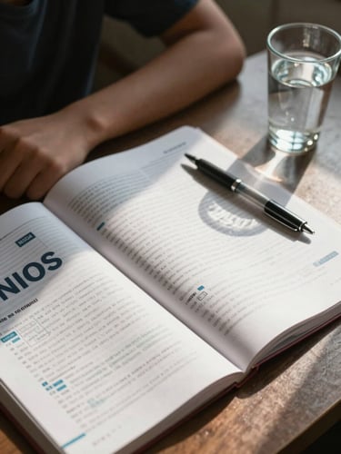 Close-up overhead shot of a student's desk — open NIOS textbook, pen resting on a ruled notebook, a glass of water to the side, daylight from a window casting clean shadows across the page