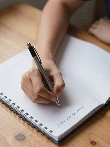 Close-up overhead shot of a student's hand writing notes in a ruled notebook on a wooden desk, natural daylight from the left side, a pen resting on open pages, study-focused and still