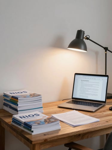 Wide shot of a quiet indoor study room — a wooden desk against a white wall, stacked NIOS subject guides, a laptop open to a practice paper, tungsten lamp casting warm focused light