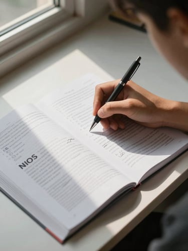 Close overhead shot of a student's desk — open NIOS textbook with handwritten notes in the margins, a pen resting mid-sentence, daylight from a window casting soft shadows across the page, minimal and focused