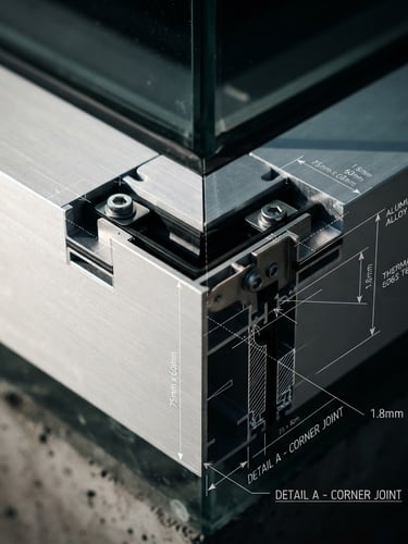 Macro architectural photography of a sharp aluminum window profile corner joint, high-contrast side lighting, technical blueprint lines overlaid, crisp focus, cool metallic tones.