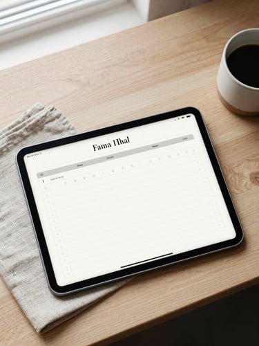 Overhead flat-lay of a minimalist wooden desk with a digital tablet showing an elegant planner layout next to a textured linen napkin and a ceramic coffee cup, soft natural window light