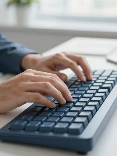 Close-up of professional hands typing on a clean mechanical keyboard in a bright, modern office, natural daylight, soft focus, professional editorial style