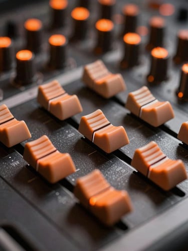 Macro photography of an analog mixing console fader row, dramatic orange ambient studio glow, sharp technical focus.
