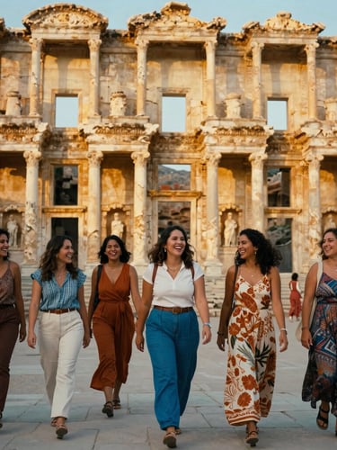Wide environmental shot of a group of Brazilian women laughing together, walking through the ancient stone ruins of Ephesus, warm golden hour light, rich terracotta and Aegean blue accents, 35mm film look