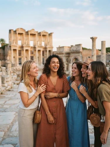 Warm editorial photography of a group of joyful women laughing together against the backdrop of the ancient ruins of Ephesus, soft golden-hour light, rich terracotta tones, shallow depth of field, 35mm film look.