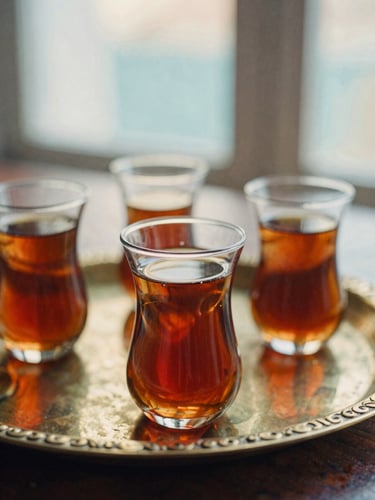 Close-up editorial photography of traditional Turkish tea in tulip-shaped glasses on an ornate brass tray, soft morning light filtering through a window, warm terracotta and soft gold tones, shallow depth of field, 35mm film look.