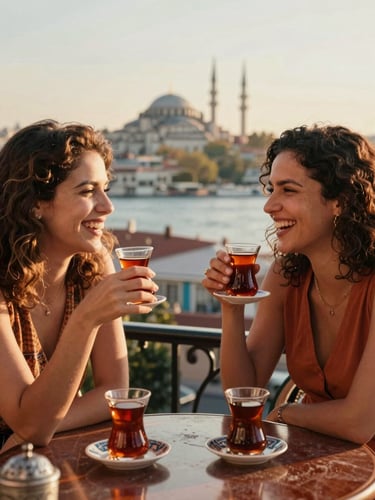 Candid medium shot of two Brazilian women laughing together, enjoying traditional Turkish tea in ornate glass cups on a terrace overlooking Istanbul, warm golden-hour light.