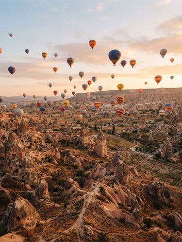 Wide environmental shot of colorful hot air balloons rising over the terracotta valleys of Cappadocia at golden hour, soft morning light, warm editorial photography style.