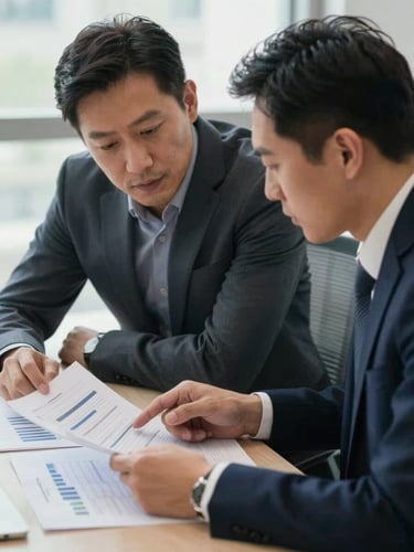 Medium environmental shot of two professionals at a table reviewing printed analysis documents, one leaning forward pointing at a specific figure on the page, professional office setting with natural window light, candid and unposed