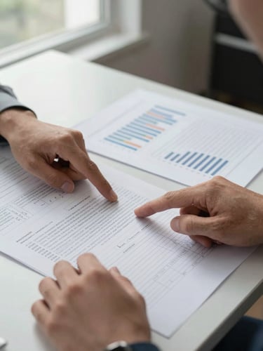 Close-up medium shot of two hands pointing at printed data sheets spread across a table in a professional office, annotated charts and handwritten margin notes visible, natural side-window light, documents slightly overlapping, focus on the analytical work in progress
