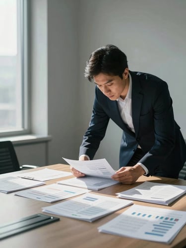 Wide environmental shot, a professional leaning over a conference table covered in strategy documents and printed data sheets, window light from the left casting a clean cool shadow, person visibly absorbed in reading — not posing, no eye contact with camera