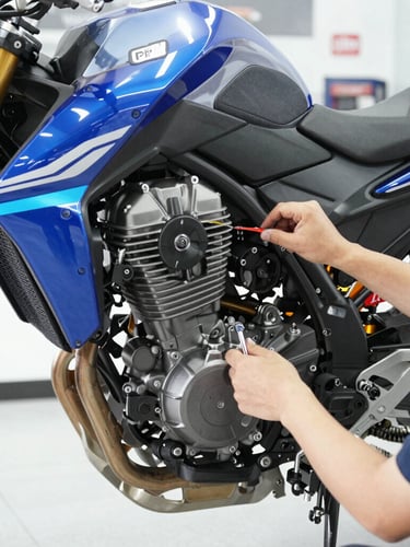 Crisp close-up of a motorcycle engine being serviced by a mechanic in a bright, modern showroom with electric blue highlights, sharp focus, 50mm lens