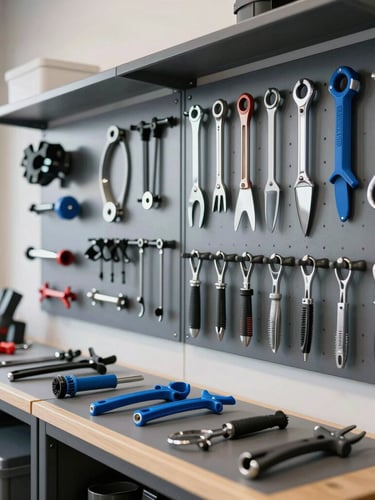 Eye-level view of a clean, organized motorcycle workshop bay, bright natural daylight, metallic tools arranged neatly on a pegboard, sharp focus