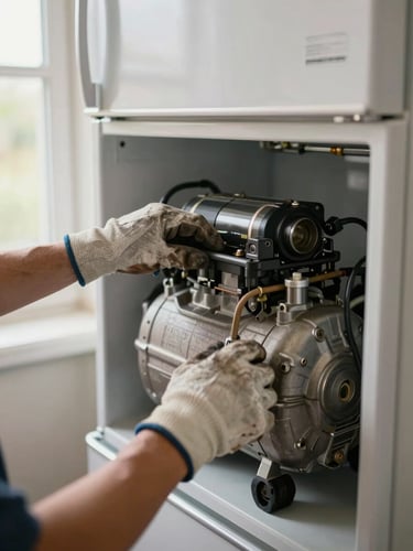 Close-up of a technician's hands firmly fitting a compressor part into the back of a refrigerator inside a home kitchen, natural daylight streaming from a nearby window, worn work gloves, metal component clearly visible mid-installation, documentary style