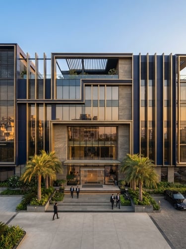 Modern architectural facade of a business building in Vadodara, bright natural daylight, warm golden hour accents, professional corporate setting, 35mm, wide shot with clear lines