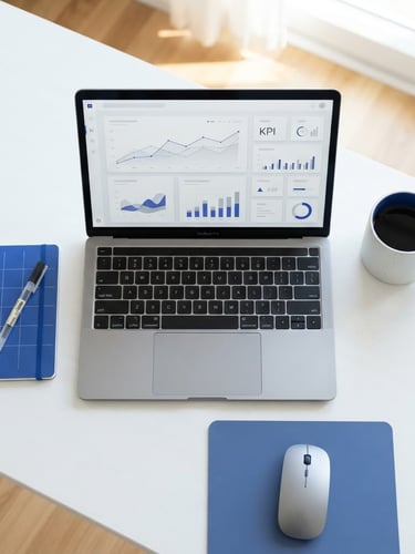 Overhead minimalist workspace, crisp white desk, laptop showing clean analytics charts, coffee cup, bright daylight, subtle cobalt accents