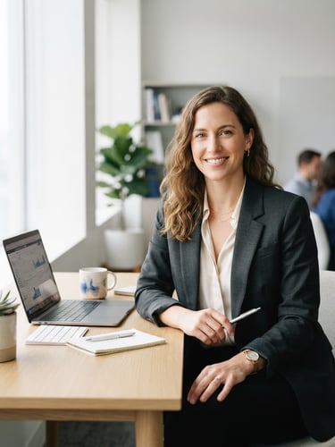 Confident portrait of a female digital strategist sitting at a minimalist desk, bright natural daylight, sharp focus, neutral tones with subtle cobalt accents, 35mm