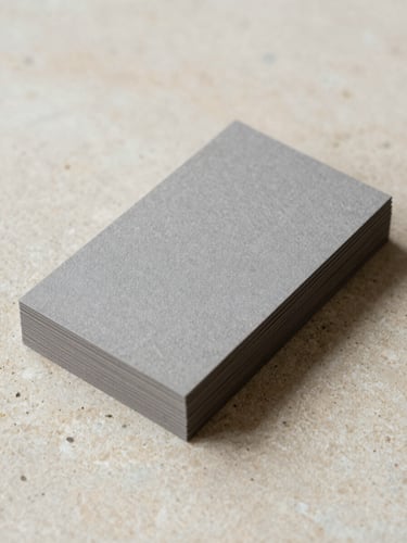 Macro editorial photograph of tactile heavy-stock paper business cards stacked on a light coffee-colored limestone surface, soft daylight casting gentle shadows, 35mm lens