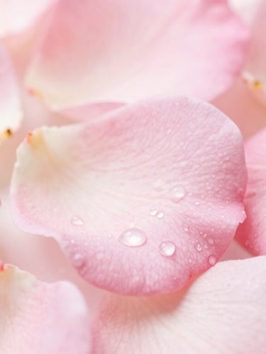 Close-up macro shot of delicate pink rose petals with soft morning dew drops, bright diffused daylight, shallow depth of field