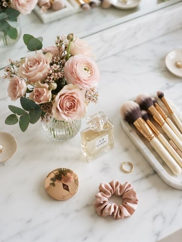 Soft-focus overhead flatlay of a white marble vanity with delicate pink flowers, a perfume bottle, and gold makeup brushes in warm morning light