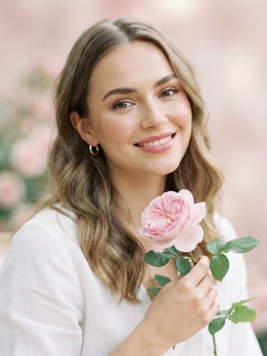 Soft-focus portrait of a woman with elegant, natural makeup, holding a delicate pink flower, bright diffused morning daylight, pastel pink background, shallow depth of field, 35mm