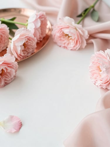 Overhead flatlay of a beautifully arranged vanity with delicate pink flowers, a rose-gold tray, and silk textures, bright diffused morning daylight, shallow depth of field, 35mm