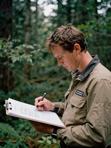 Portrait shot of a Cascade Interpretive Consulting team member in field gear, looking at architectural drawings on a clipboard, soft overcast daylight, deep forest greens, 35mm film look.
