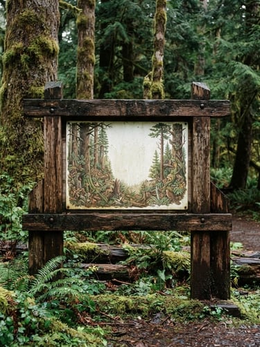 A detailed, weather-resistant wayside interpretive sign at a trailhead, nestled in an old-growth Pacific Northwest forest under soft overcast daylight, with moss and ferns in the foreground.