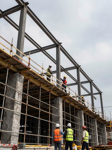 Wide-angle construction site in West Java, active crew in safety helmets and vests coordinating structural work on a large commercial building frame, daylight overcast, scaffolding and steel beams visible, shot from ground level looking upward-diagonal to convey scale and organized activity