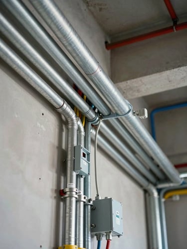 Close-up angular shot of a completed electrical conduit run along an industrial wall — neat parallel galvanized pipes, junction boxes, and labeled cable trays under tungsten workshop light, conveying precision installation and system clarity
