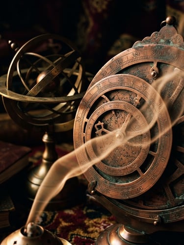 Macro photograph of warm incense smoke drifting past antique copper astrological instruments, low-key dramatic side-lighting, heritage feel