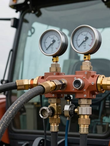 Close-up of hydraulic pressure gauges and heavy-duty coupling hoses connected to a John Deere tractor, sharp focus, industrial diagnostic equipment, overcast daylight.