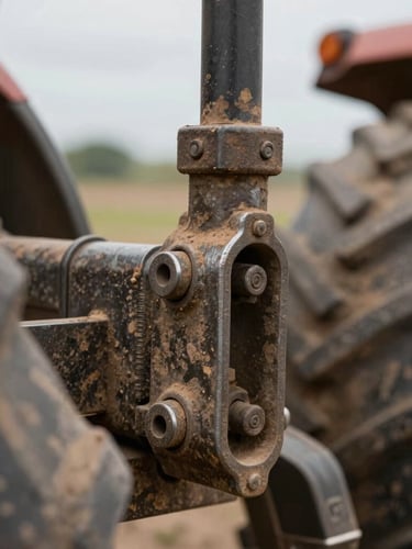 Close-up macro shot of a heavy-duty tractor drawbar and hitch connection, rich earthy tones, textured steel, natural overcast daylight.