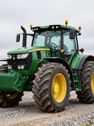 Low-angle wide shot of a powerful John Deere tractor parked on a gravel lot under overcast Ontario skies, sharp focus on the heavy front tread, rugged industrial photography.