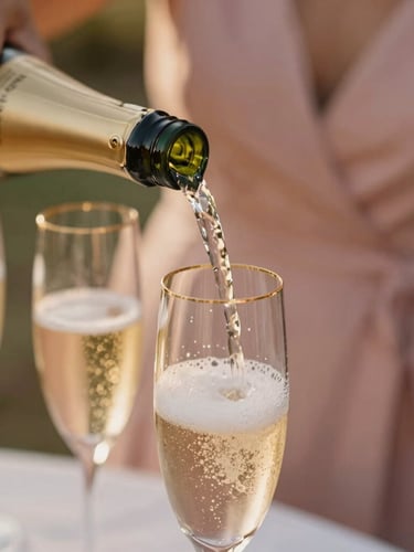 Warm golden-hour natural light, close-up of a champagne pour into elegant gold-rimmed glassware, soft champagne and dusty rose tones, shallow depth of field, 35mm