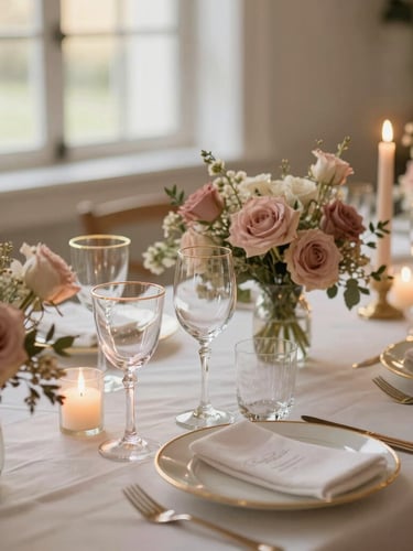 Elegant wedding table setting with gold-rimmed glassware, delicate dusty rose florals, and glowing candles under soft window lighting