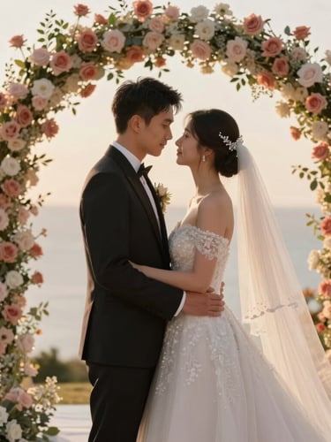 Warm editorial wedding photography of a bride and groom under a delicate floral arch during golden hour, soft champagne and dusty rose tones, shallow depth of field, 35mm