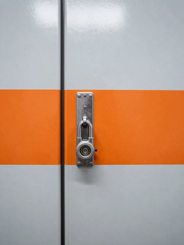 Close-up of a heavy-duty storage unit lock and steel door, bright even overhead industrial lighting, high-contrast metallic and safety orange tones, sharp focus, 24mm