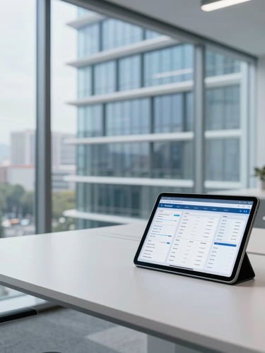 Bright modern architectural office space with natural daylight, a clean minimalist desk with a tablet displaying a clear sales dashboard, cool blue tones, 35mm lens.