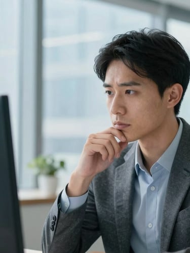 High-quality portrait of a focused professional looking thoughtfully at a screen, bright natural office daylight, cool blue tones, 35mm lens.