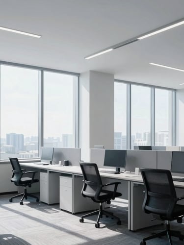 A bright minimalist corporate office with clean architectural lines, natural daylight pouring through high windows, modern workspace, 35mm lens