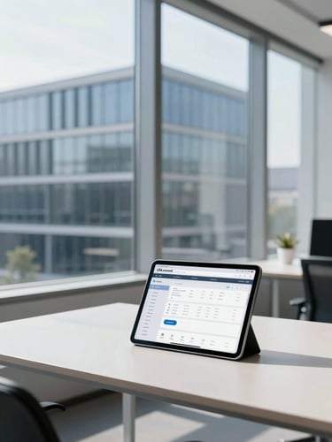 A bright, modern architectural office with large windows, clean minimalist desk with a tablet displaying a clean dashboard interface, cool blue and slate tones, sharp focus.