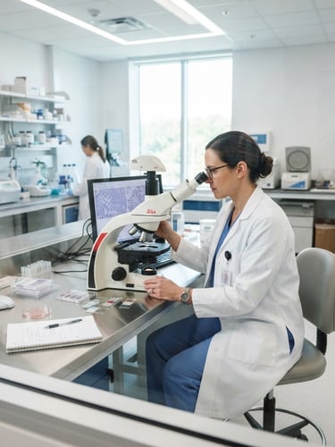 Professional female pathologist in a clean white lab coat, meticulously examining samples under a microscope in a state-of-the-art laboratory, bright clinical lighting, crisp focus, wide shot through a glass partition