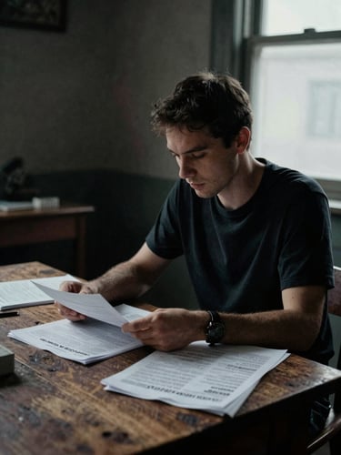 Environmental portrait of a male journalist sitting at a rustic wooden table in a dimly lit room, side-lighted by soft window light, focusing on printed documents, desaturated tones, deep blacks, high contrast, 35mm film grain