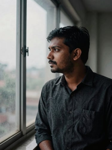 Environmental portrait of a South Asian male journalist looking thoughtfully out of a window in an overcast newsroom, natural high-contrast side-lighting, desaturated tones with deep blacks, 35mm film grain.