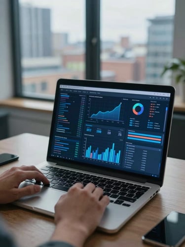 Wide environmental shot of a laptop screen displaying a live analytics dashboard with blue data visualisations, single figure's hands on trackpad, cool daylight from a north-facing Manchester office window, no face visible