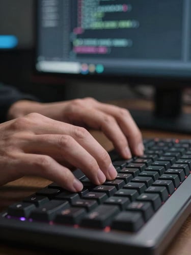 Extreme close-up of a developer's hands on a mechanical keyboard, code visible on a dark monitor in the background, cool LED office lighting, shallow depth of field, Manchester studio environment